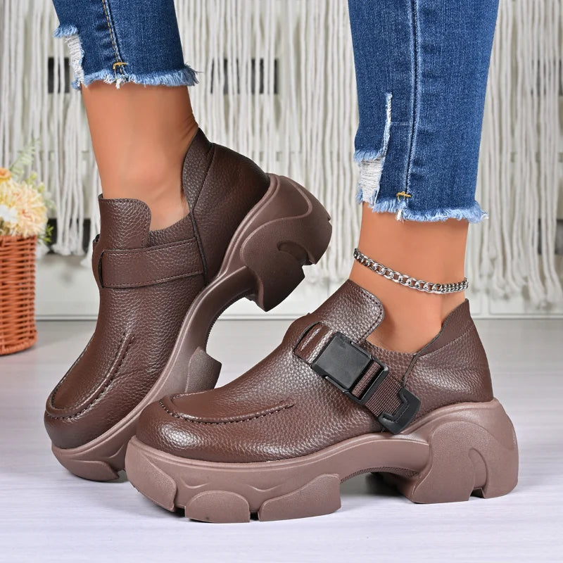 UXST Women's Retro Platform Sneakers – Buckle Leather Shoes