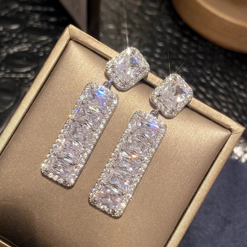 Huitan CZ Geometric Drop Earrings – Sparkling Crystal Women