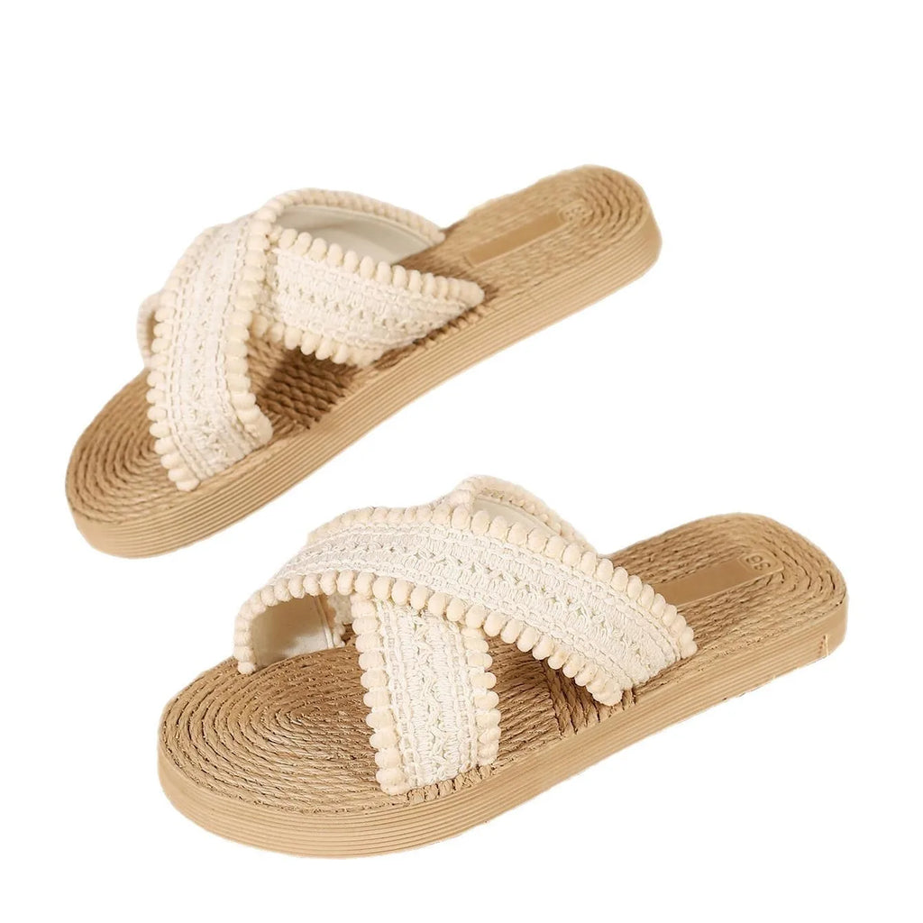 Women's Open Toe Linen Slippers | Summer Flat Slide Sandals