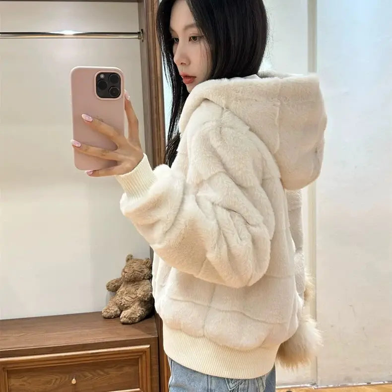 Women's Faux Mink Hoodie Jacket – Korean Style Winter Coat