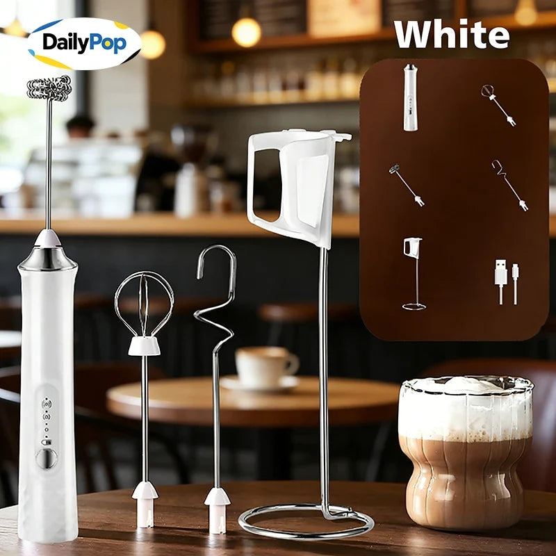 3-Whisk Electric Milk Frother with Stand | 3-Speed Rechargeable