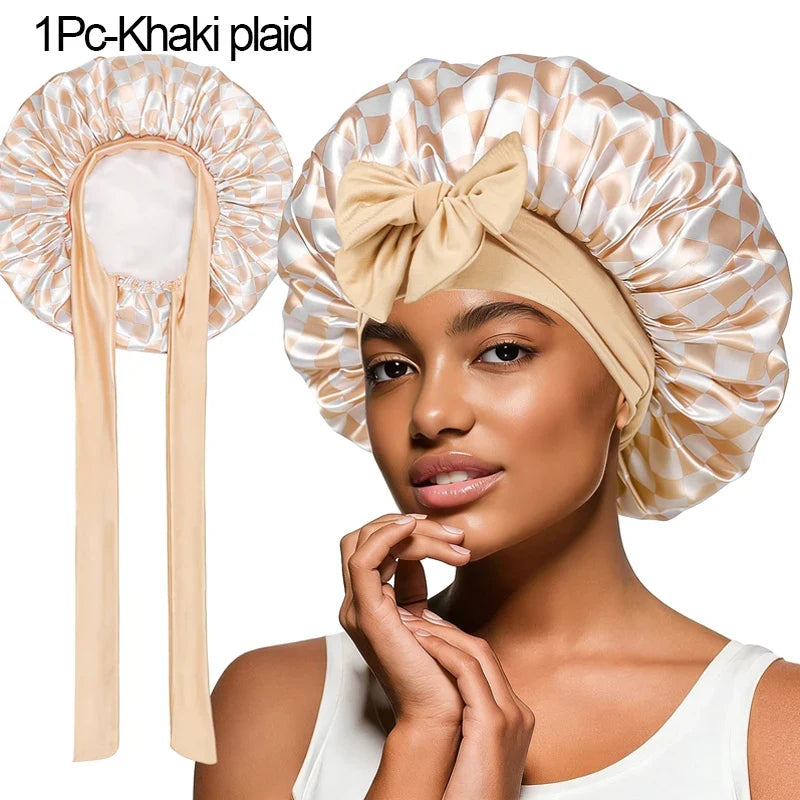 Beige Cherry Satin Sleep Bonnet – Lace-Up Hair Care Night Cap