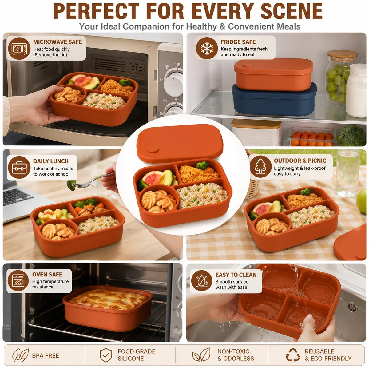 Uwhise 770ml Silicone Bento Box | 4-Compartment Lunch Container
