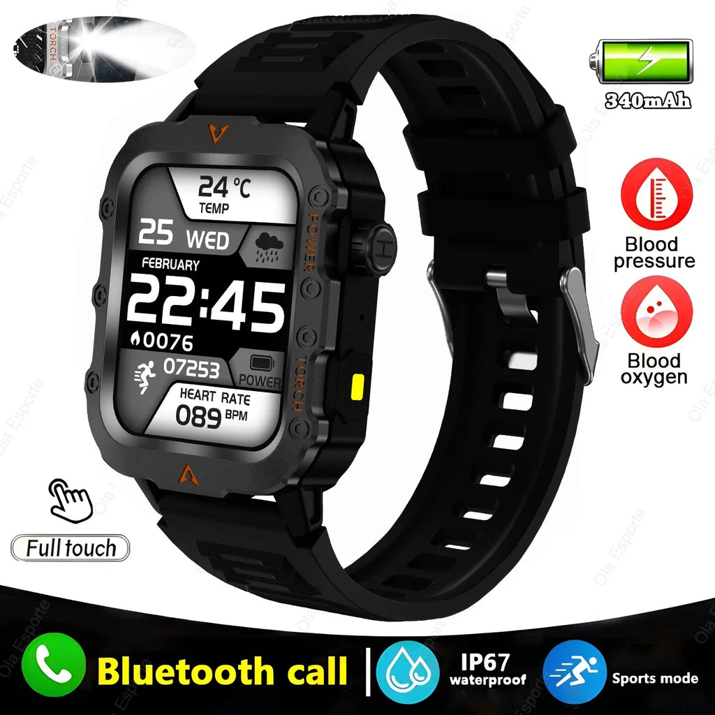 Military Smartwatch Men – Bluetooth Call, LED Flashlight, 3ATM