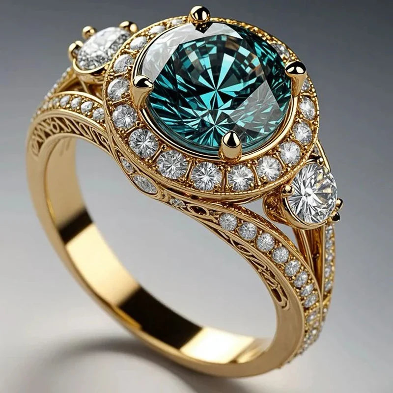Huitan Green CZ Ring for Women – Gold-Tone Wedding Band | Size 5–14