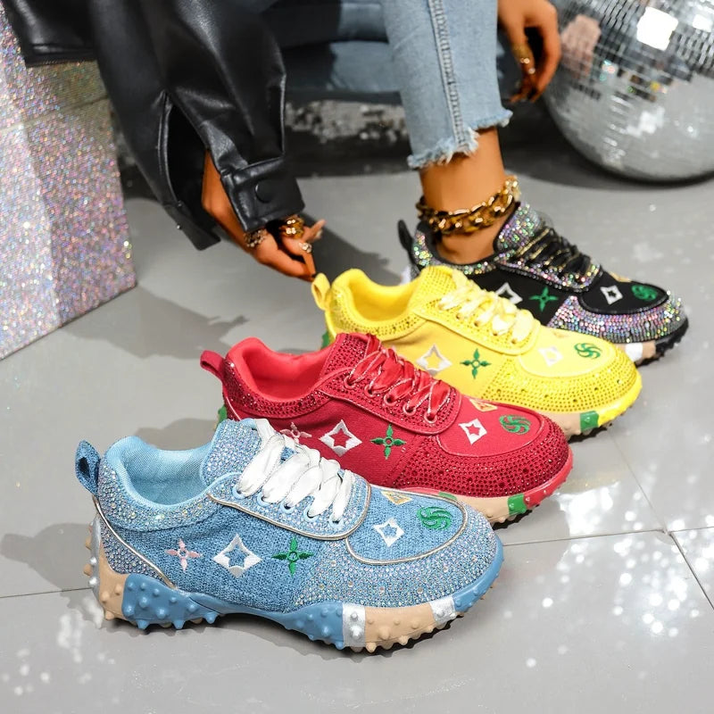 MCDV Women's Embroidery Crystal Sneakers Anti-Slip Lace-Up