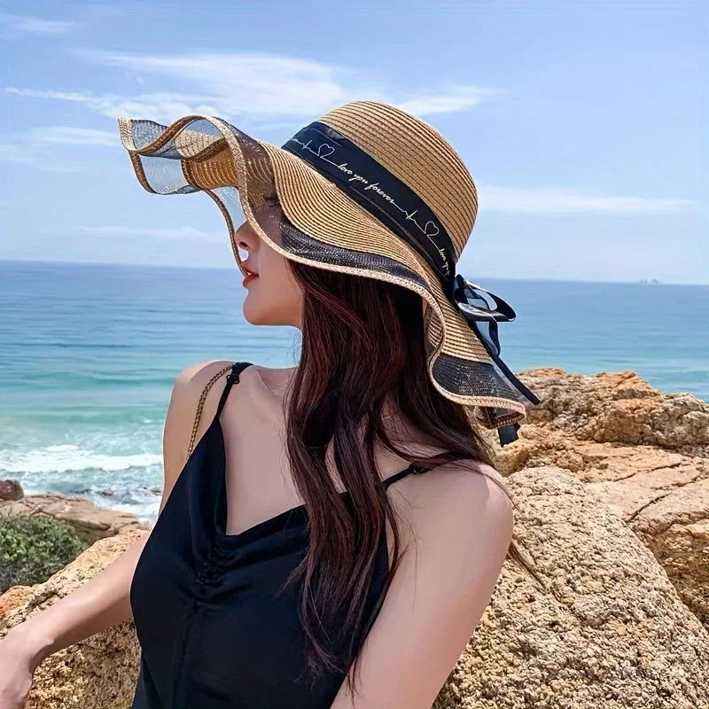 Elegant Wide Brim Sun Hat Bowknot UV Protection Breathable Straw