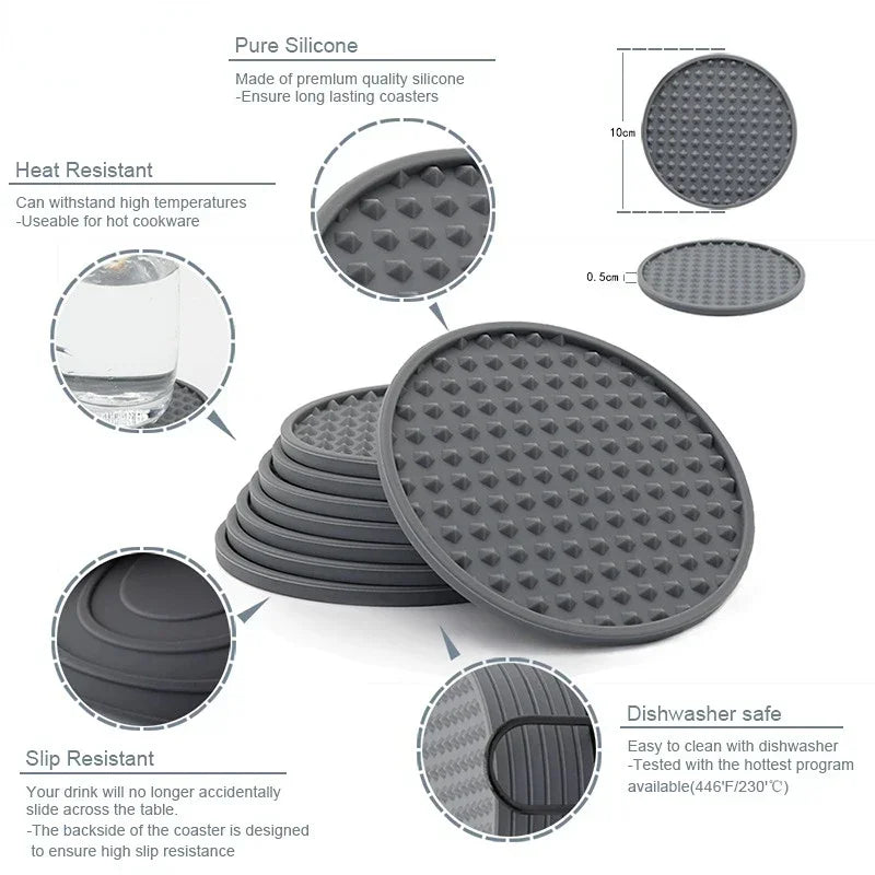 6-Pack Silicone Coasters – Heat Resistant Round Drink Mats 10cm