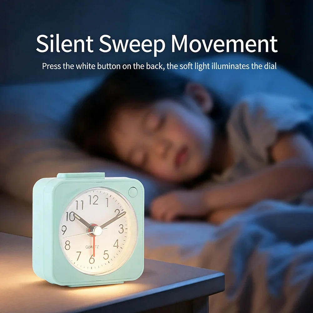 Mini Square Travel Alarm Clock – Silent Analog with Night Light