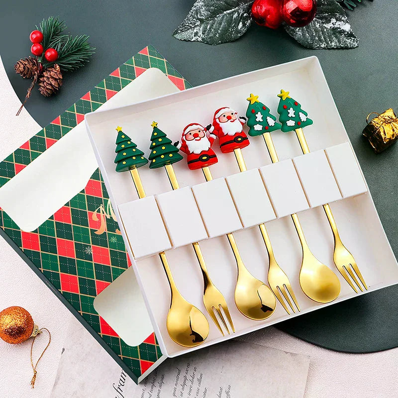 Stainless Steel Christmas Dessert Spoons Cake Forks Cartoon Tree Elk