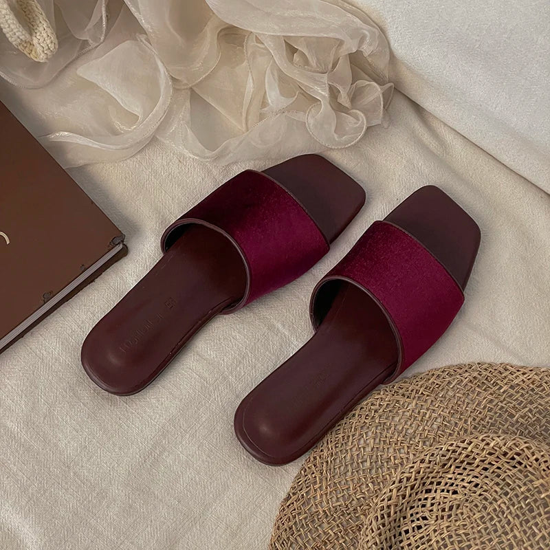 Vintage Velvet Square Toe Women's Flat Slip-On Slides | ohmmayby