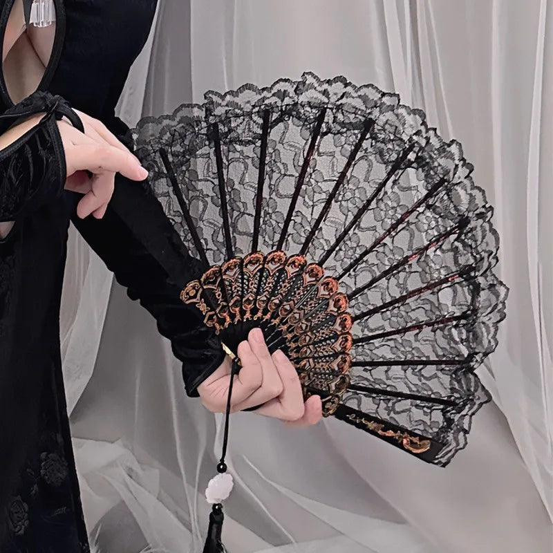 Dance Fan Ornament Ladies Lace Hand Black White Cloth Folding Fans