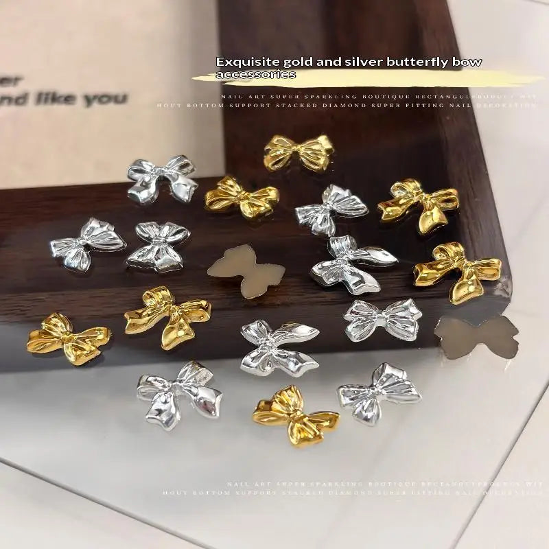 50pcs Gold & Silver Bow Tie Resin Nail Art Charms | Manicure Decor