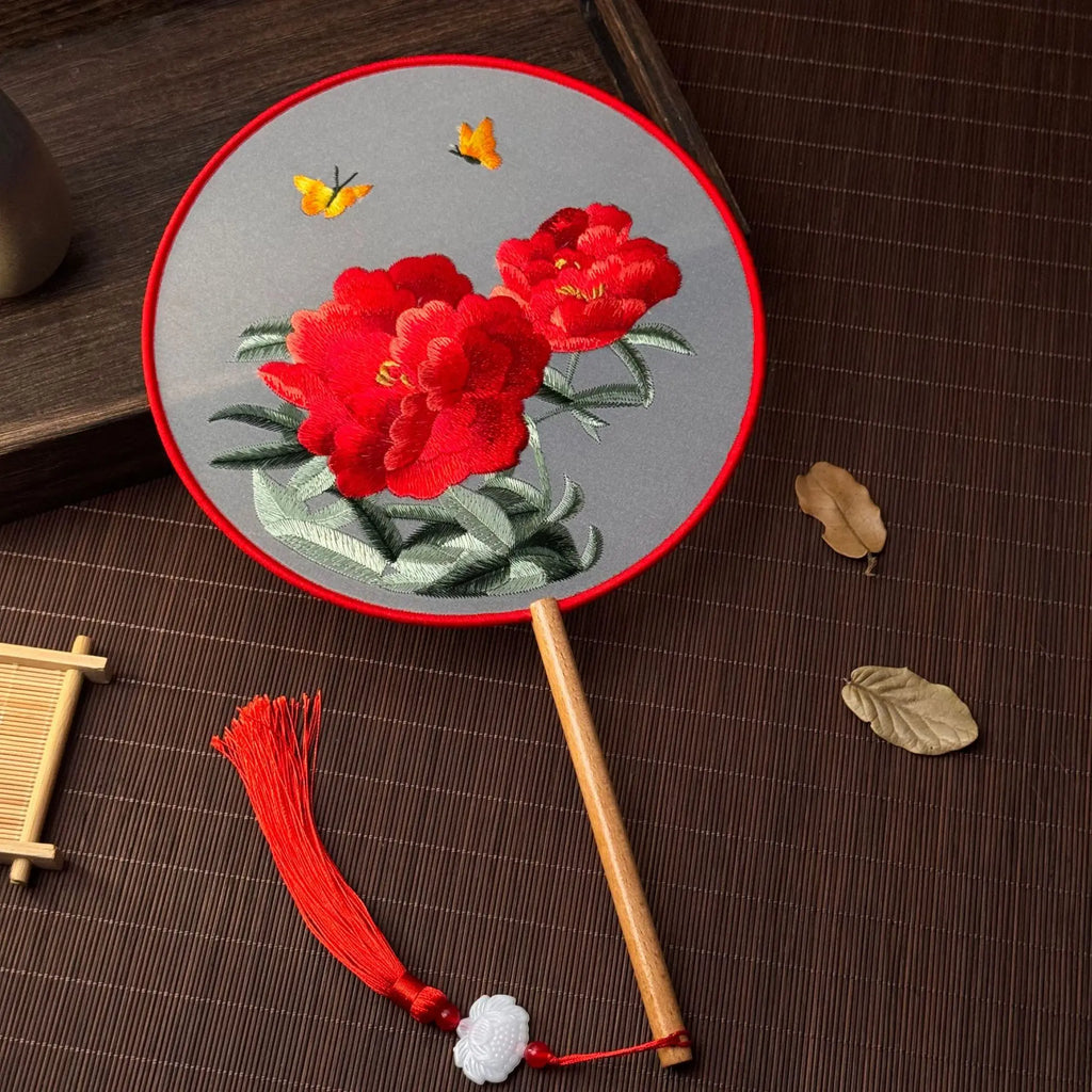 Red Flower Silk Fan Double Sided Embroidery Round Chinese Palace
