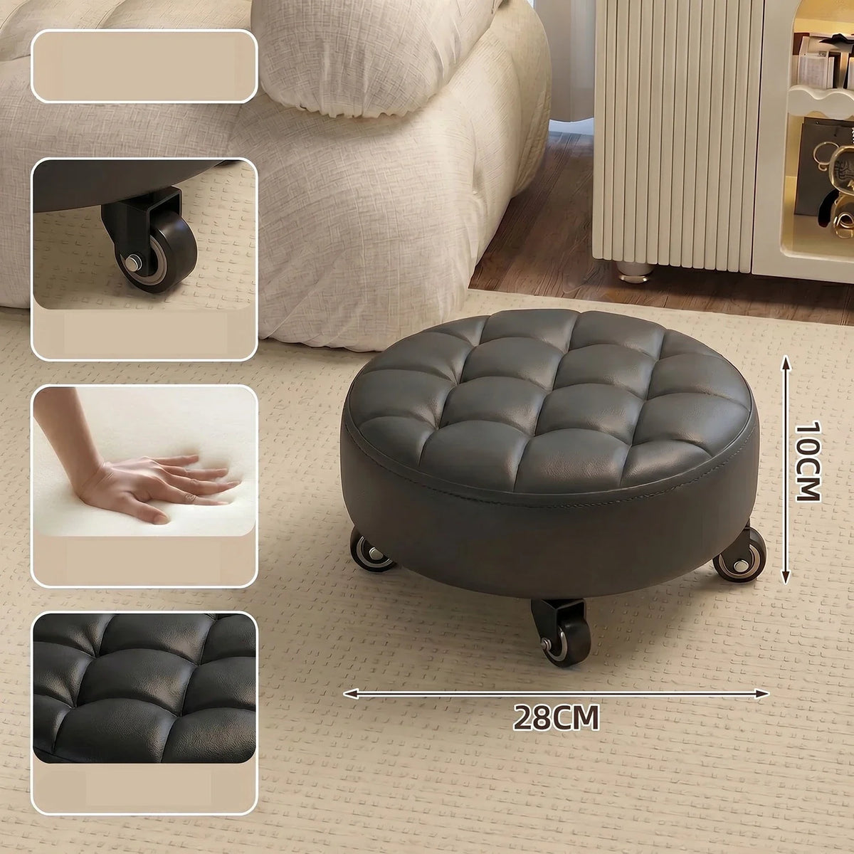 Wheeled Rolling Low Stool – Rotating Cushioned Nail & Pedicure Seat