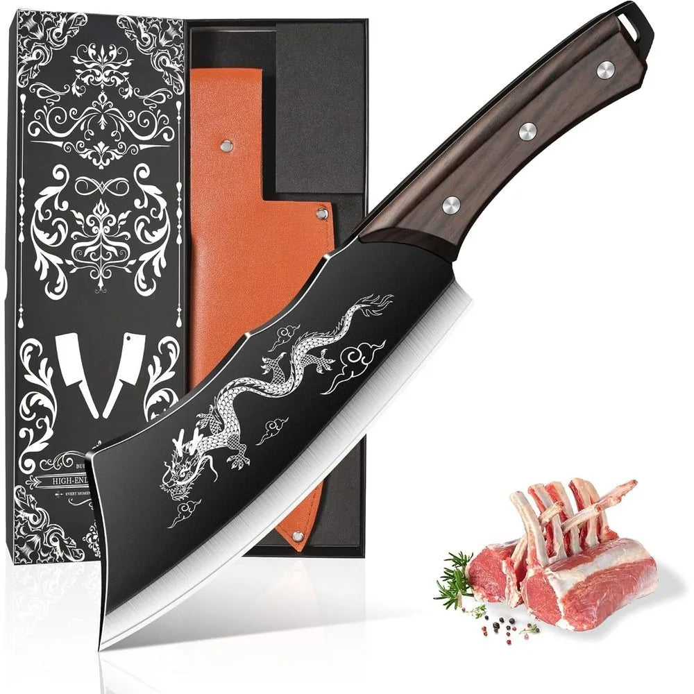 PLYS 8-Inch High Carbon Steel Butcher Knife & Leather Sheath