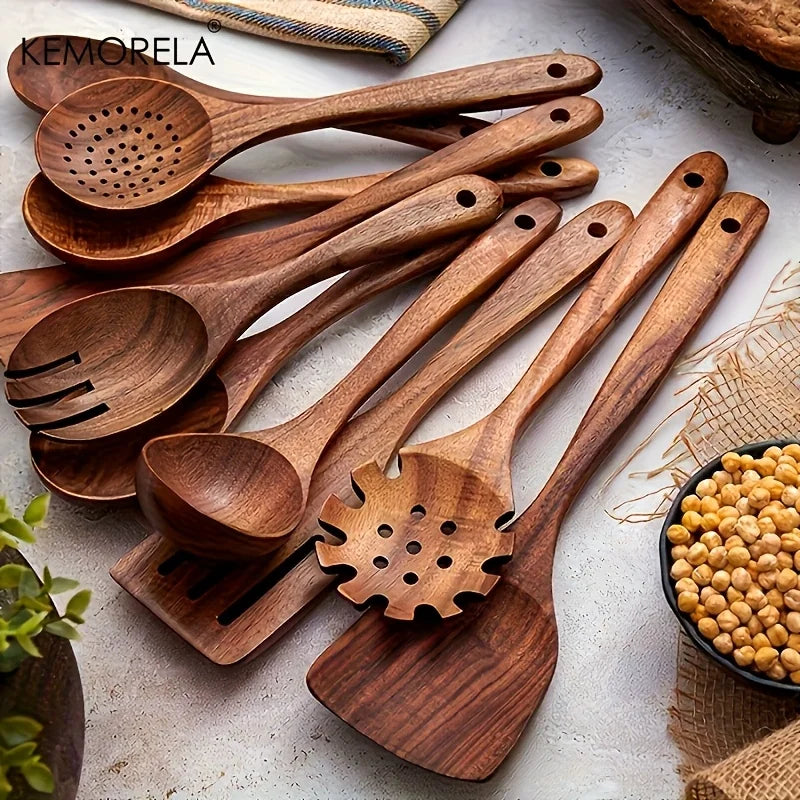 KEMORELA 10-Pc Natural Wooden Spoon & Ladle Cooking Set