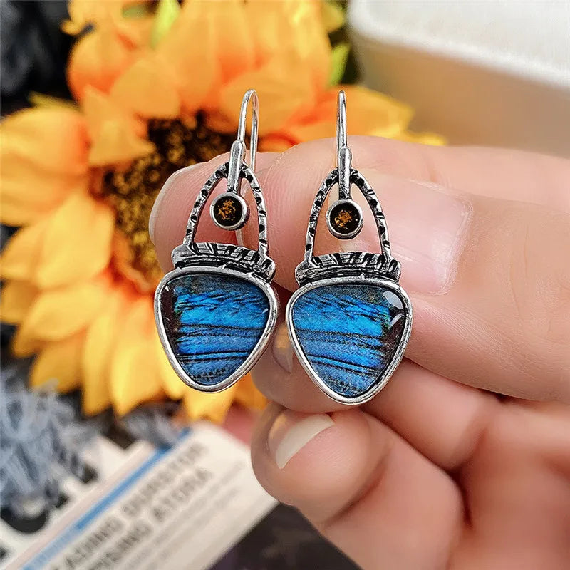 Huitan Punk Drop Earrings – Blue & Orange Geometric Print