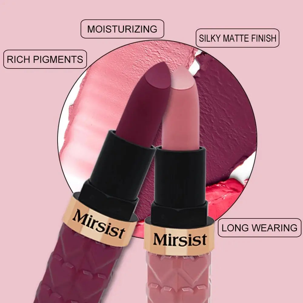 Mirsist Velvet Matte Lipstick – Waterproof & Non-Transfer, 6 Shades