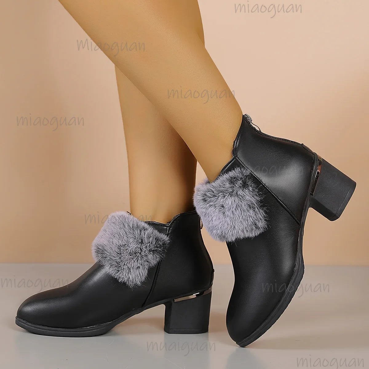 Women's Fur-Lined Chunky Heel Ankle Boots | Winter PU Leather