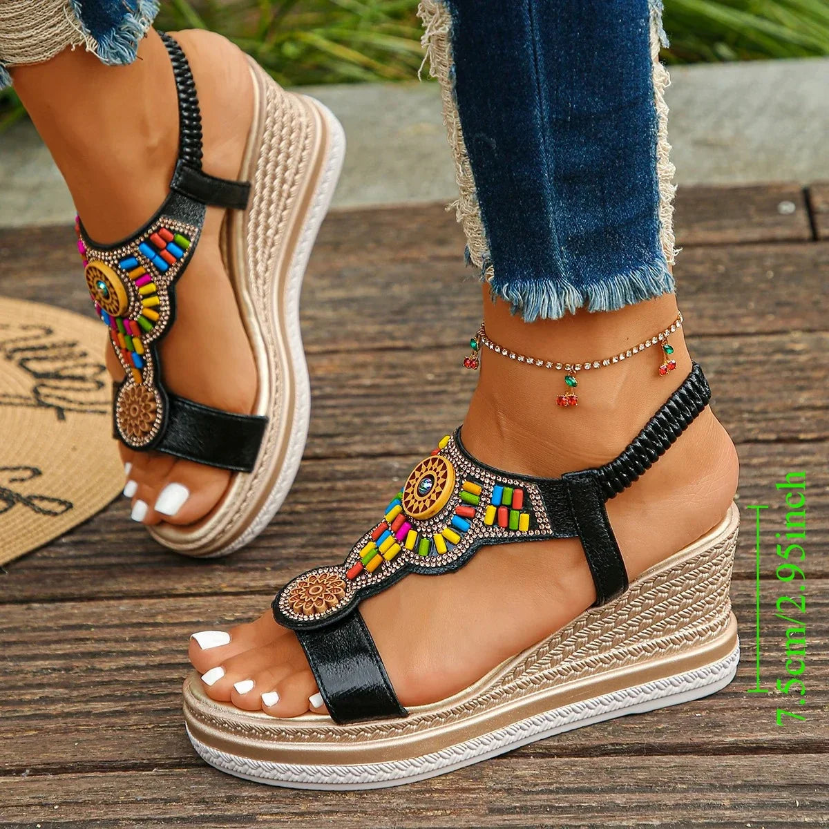 Women's Bohemian Wedge Sandals – Colorful Bead Beach Shoes
