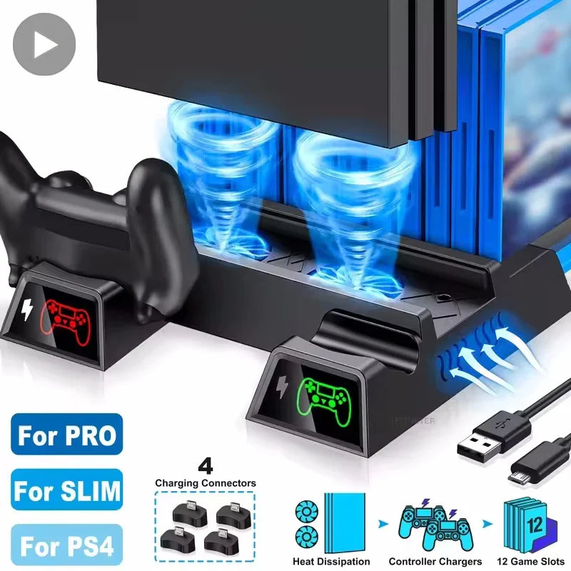 PS4 Cooling Stand Fan – Dual Charger, 12 Game Slots & USB Hub