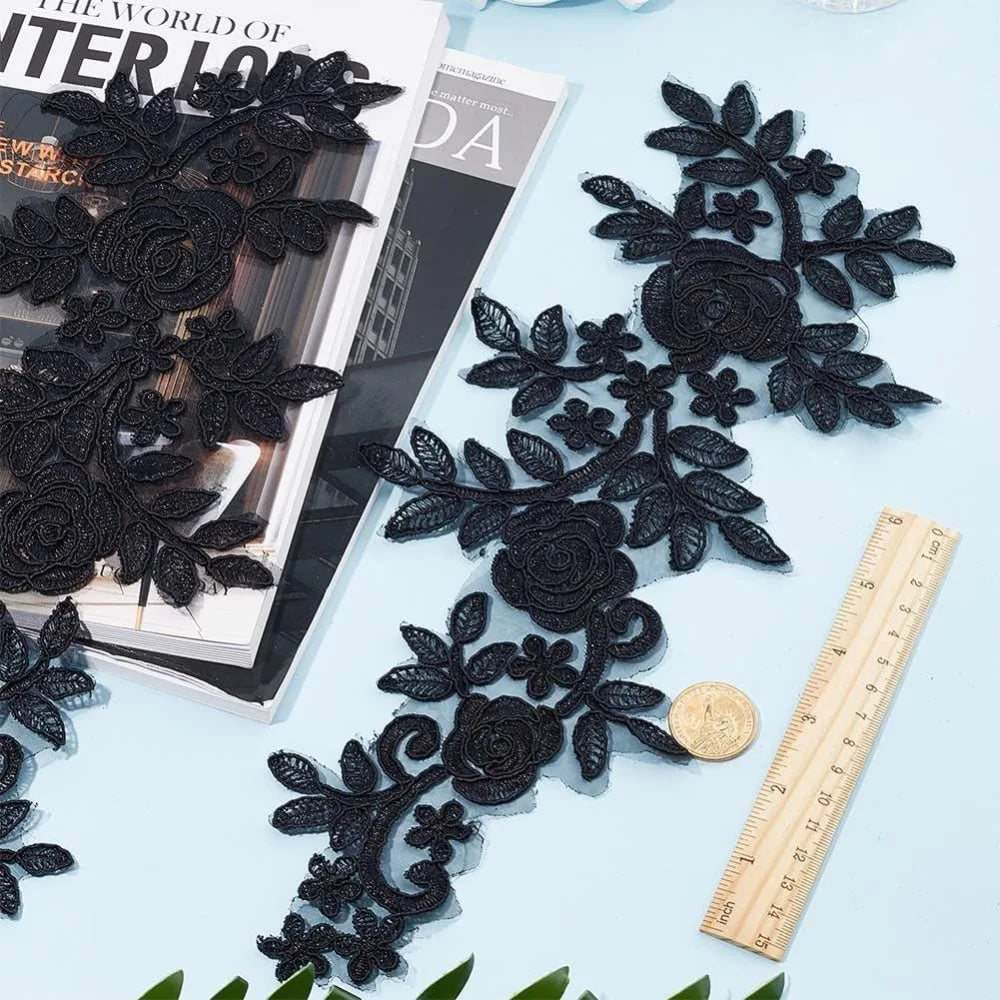 4Pcs Black Rose Lace Appliqué – Embroidered Sew-On Patches