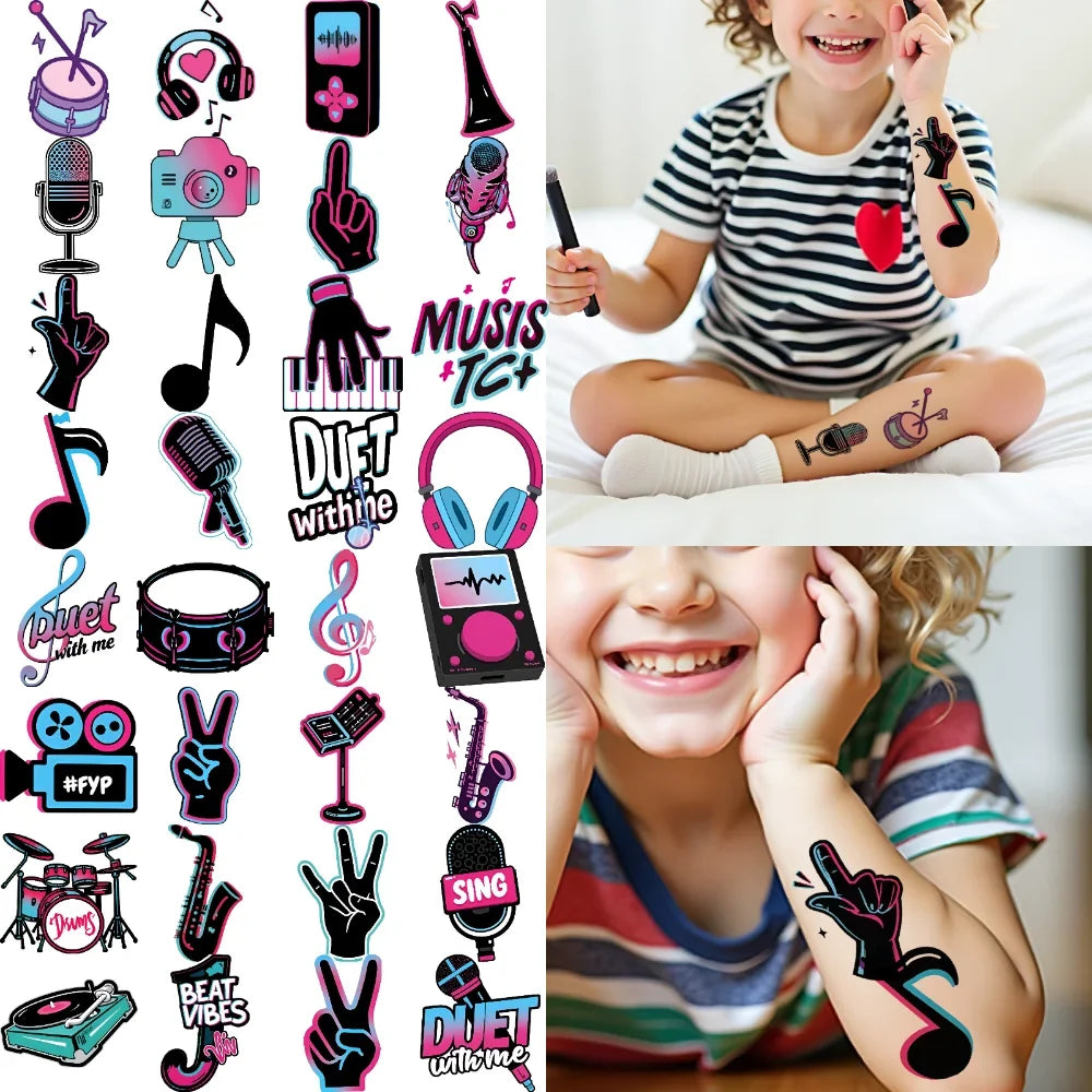 63-Piece Waterproof Temporary Tattoo Stickers – Retro Music Icons