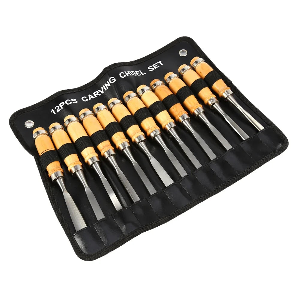 12-Piece Wood Carving Chisel Set – Lathe Gouges & Hand Tools