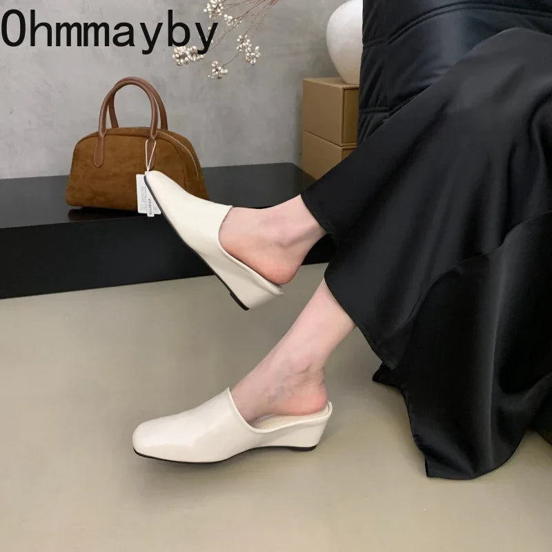 Women's Wedge Heel Mules – Square Toe Slip-On Slide Sandals