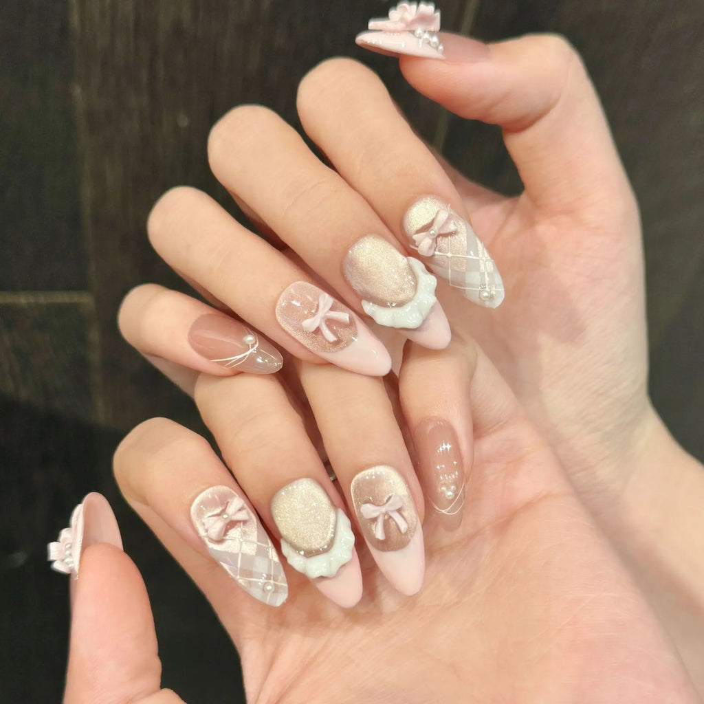 Press On Nails French Cat Eye Pink Bow Korean Almond Tips 10pc
