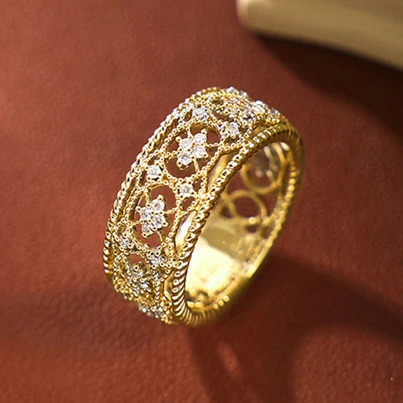 Huitan Vintage Hollow CZ Ring – Gold Tone Women's Jewelry