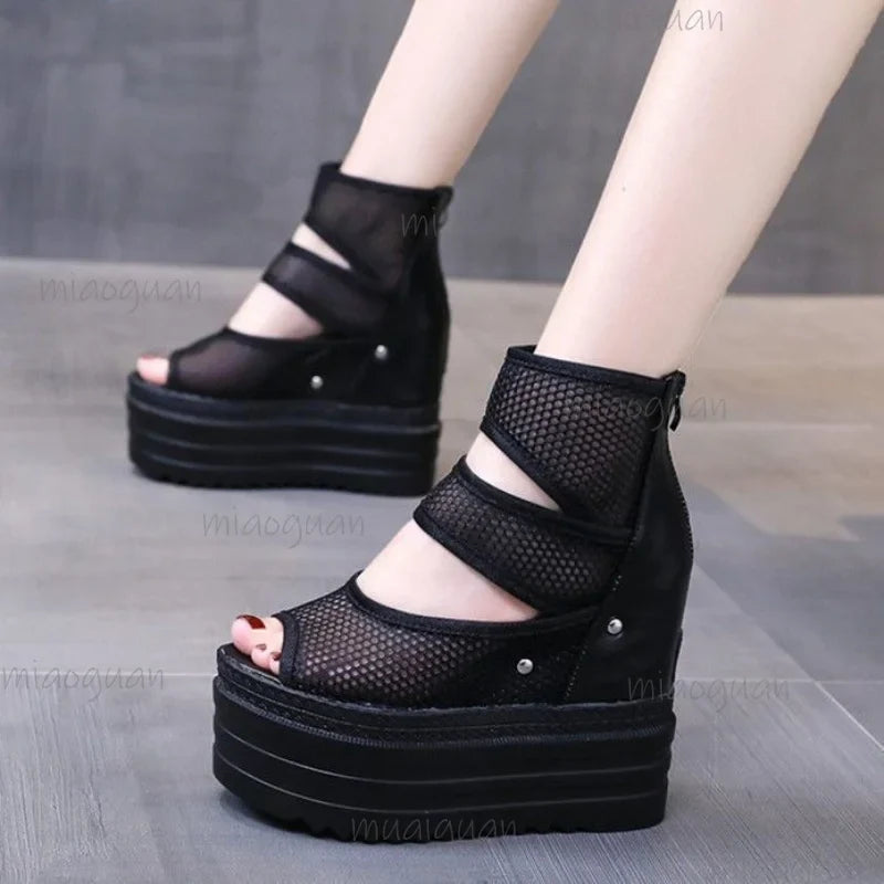 Women's 12CM Wedge Heel Mesh Peep Toe Ankle Boots | Roma Style