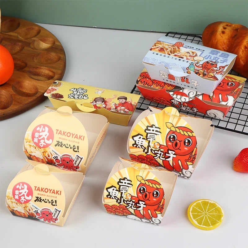 50-Pack Takoyaki Boxes – Disposable Octopus Ball Packaging