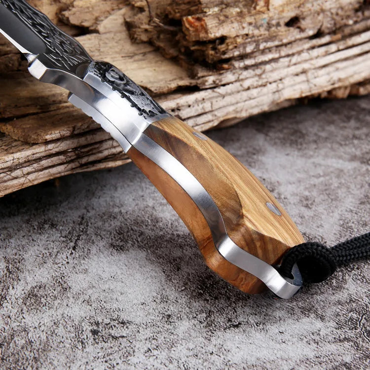 Fixed Blade Camping Knife – Stainless Steel & Olive Wood