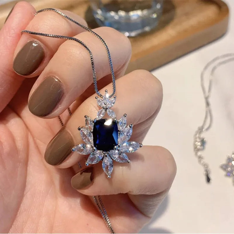 Huitan Blue & Red CZ Pendant Necklace – Bridal Wedding Jewelry
