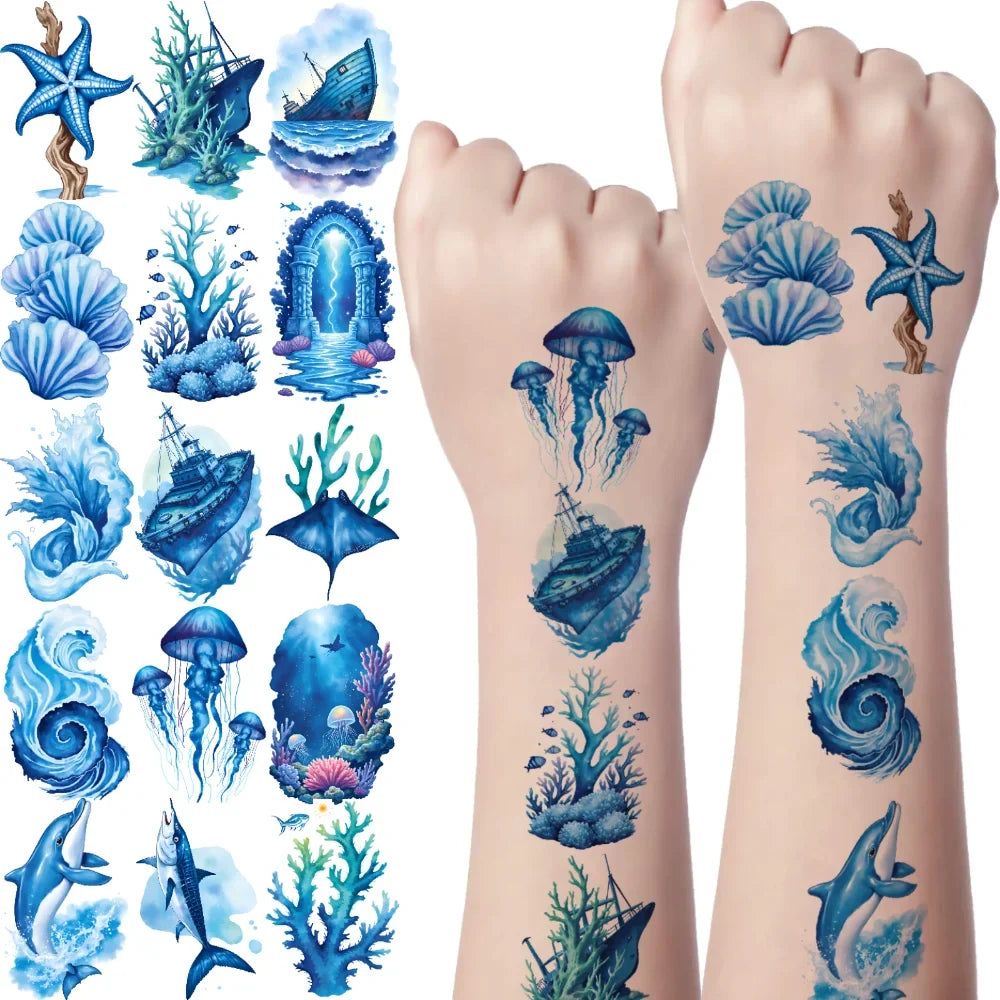 63-Piece Sea Creature Temporary Tattoos – Waterproof Stickers