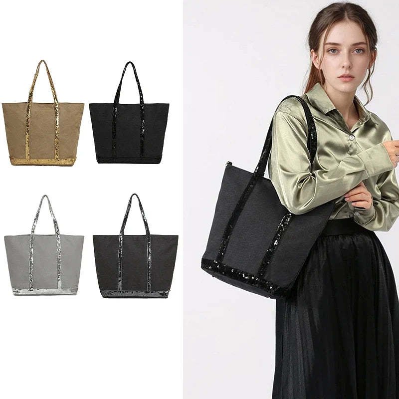 Vintage Canvas Sequin Tote Bag – Large Shoulder Bag for Women