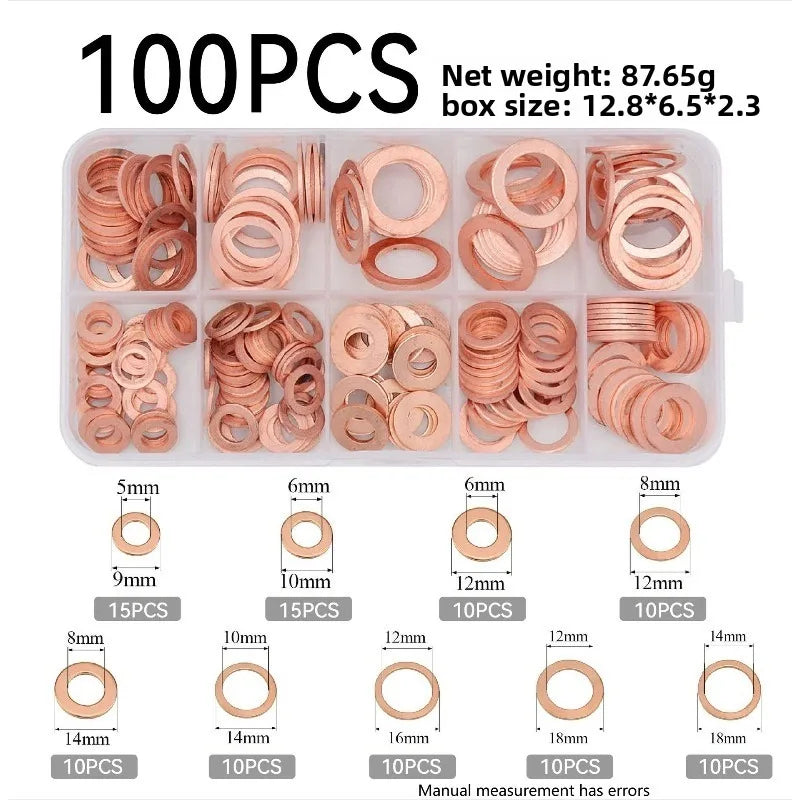 Copper Washer Gasket Kit 50–120 Pcs | M4–M14 Flat Ring Seals