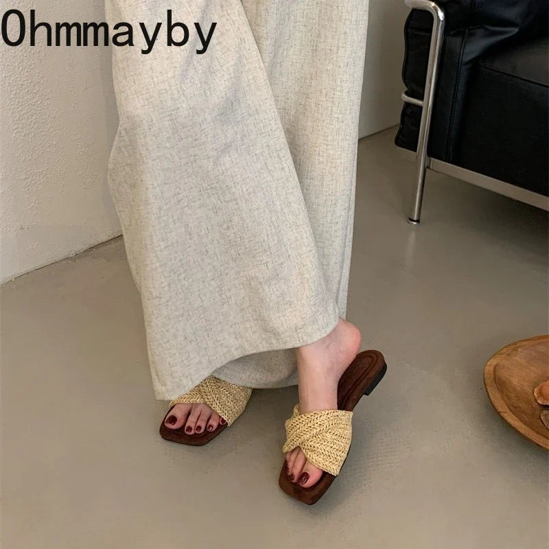 Women's Vintage Woven Flat Slides – Clip-Toe Beach Slippers