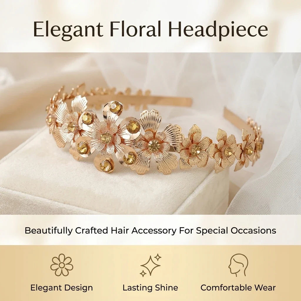 Metal Flower Leaf Hairband – Alloy Wedding Headpiece for Women