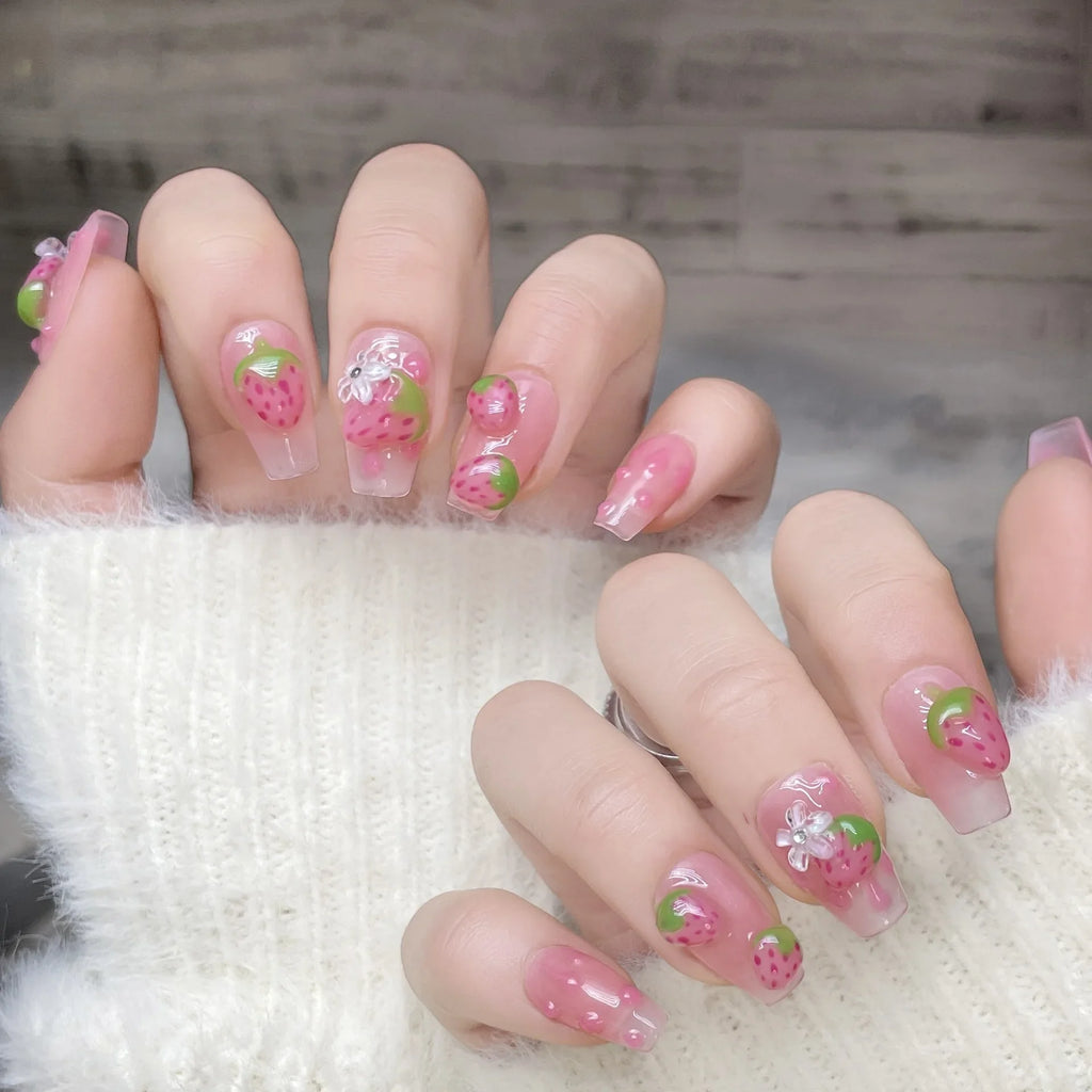 3D Strawberry Press-On Nails | Korean Style Cute Fake Nails