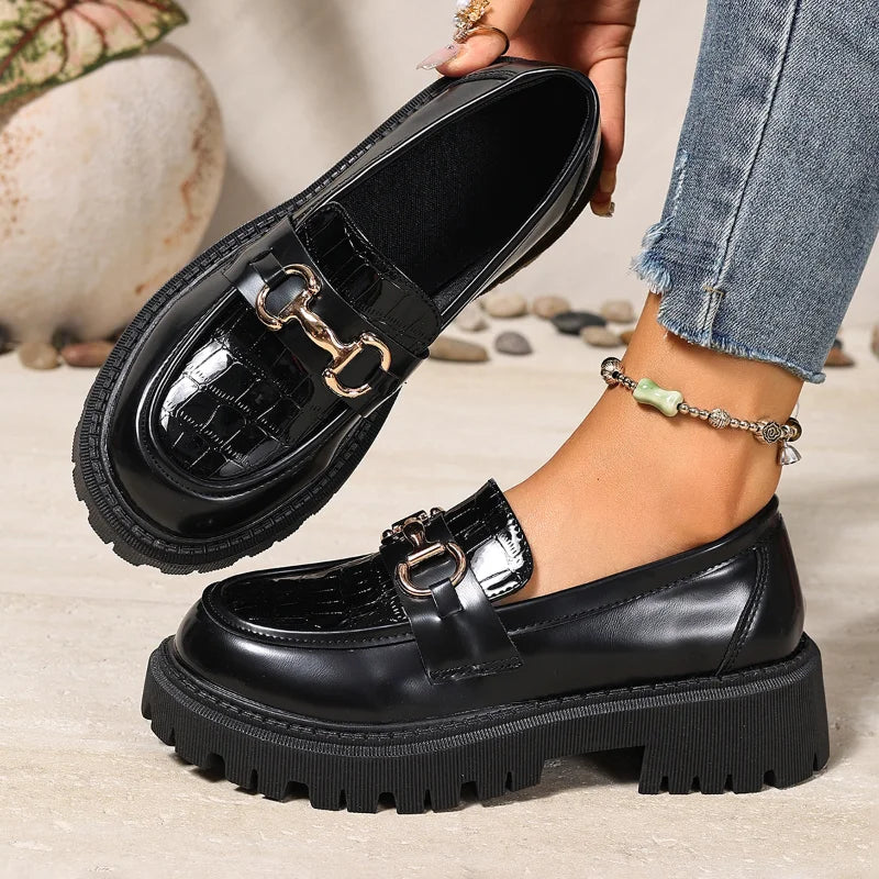 Women's British Slip-On Loafers | Thick Sole PU Leather Flats