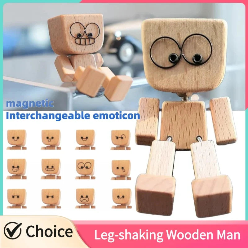 Leg-Shaking Wooden Man Car Dashboard Figurine | Magnetic Decor