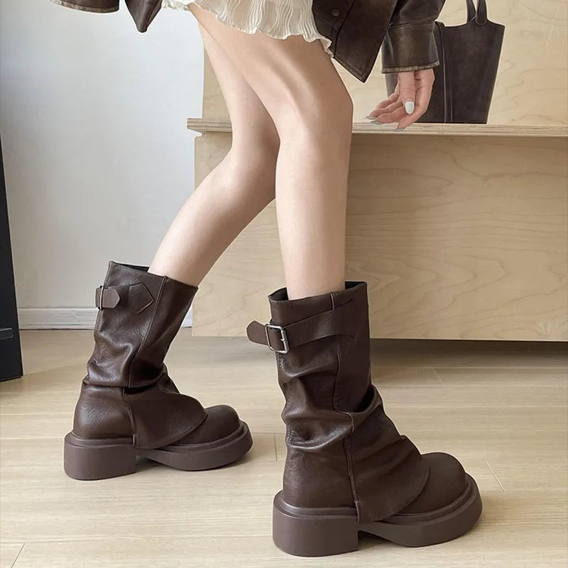 Women's Chunky Platform Mid-Calf Boots | Retro British Style