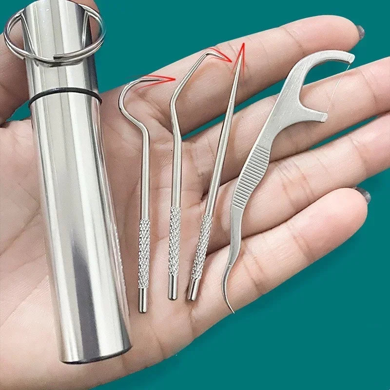 Stainless Steel Toothpick & Floss Set | Portable Storage Tube