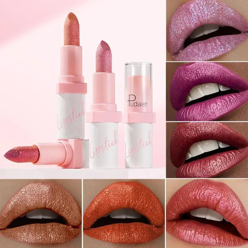 Pudaier Diamond Lipstick 10 Shades – Waterproof Glitter & Long Wear