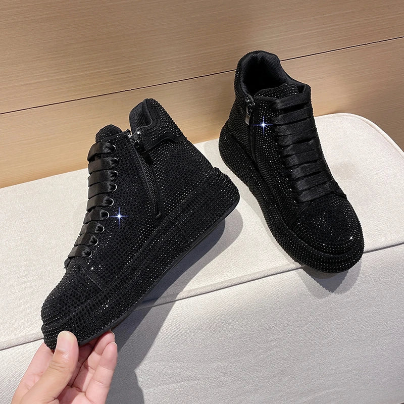 Women's Rhinestone Platform Sneakers – Shiny Lace-Up Casual Shoes