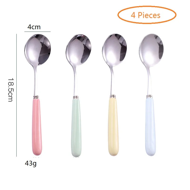 4-Piece Ceramic Handle Dessert Spoons – Stainless Steel Set