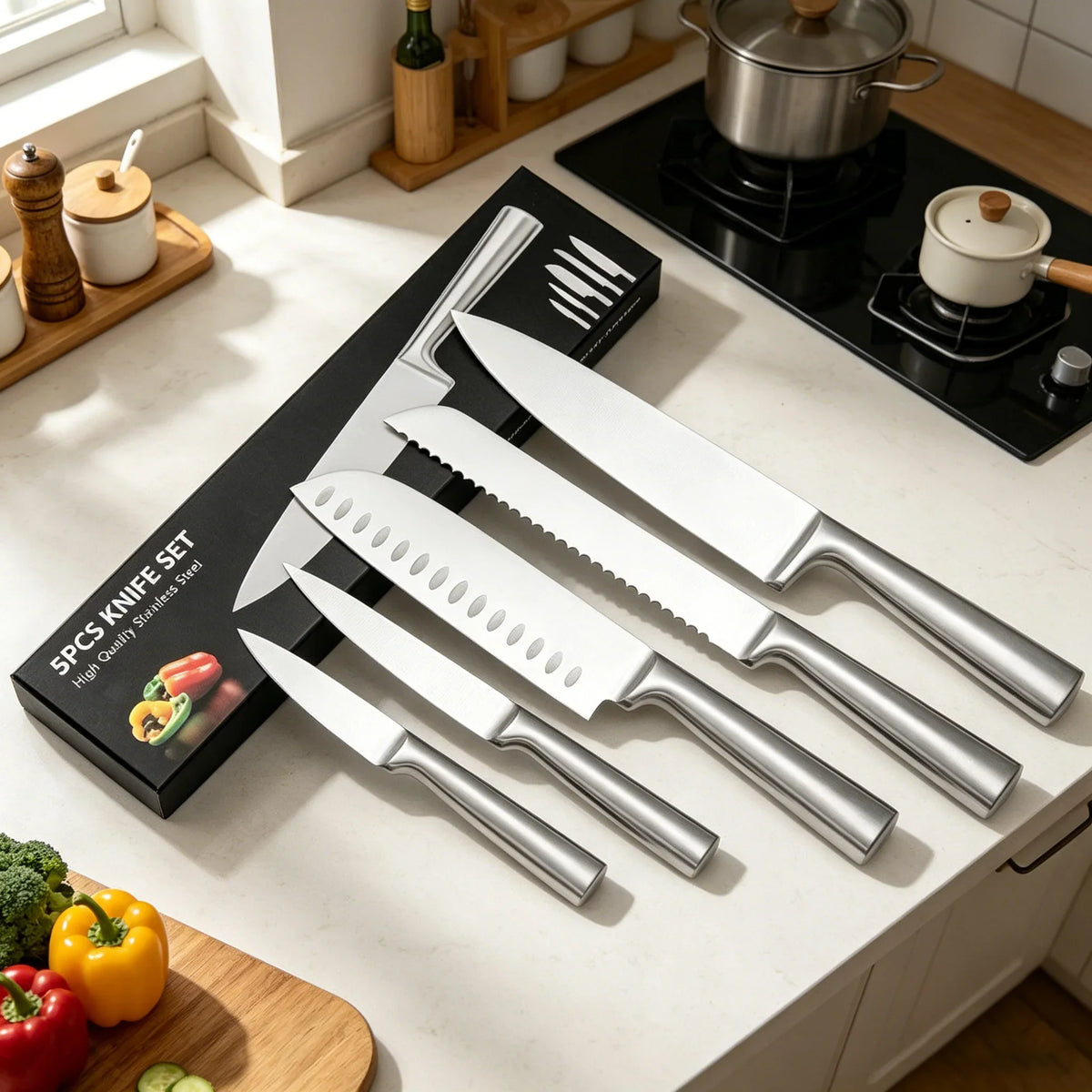 5-Piece Stainless Steel Kitchen Knife Set with Bread Knife